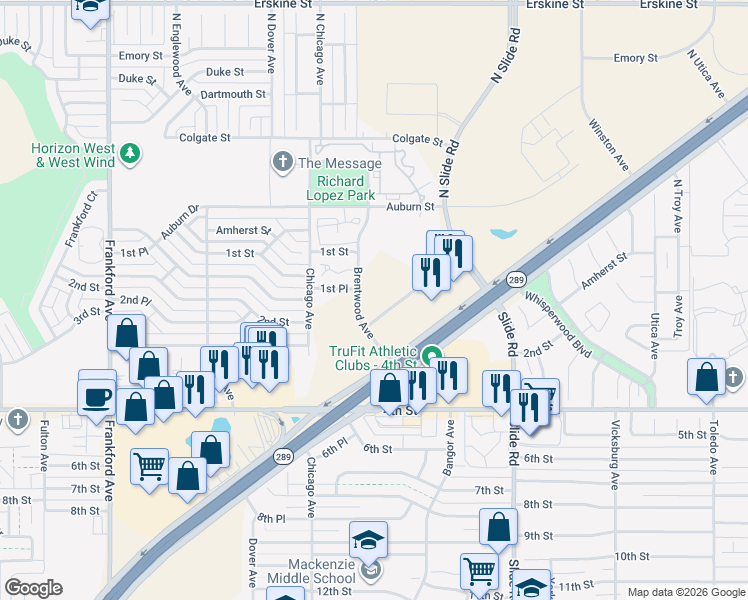 map of restaurants, bars, coffee shops, grocery stores, and more near 129 Brentwood Avenue in Lubbock