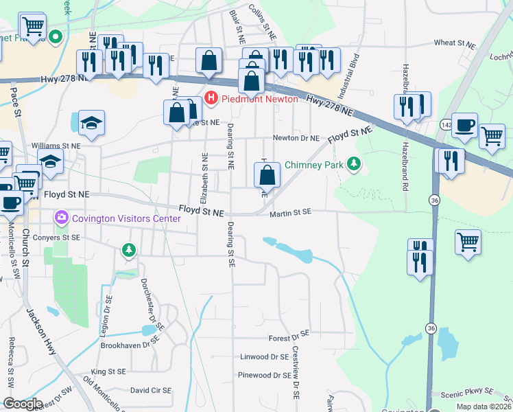 map of restaurants, bars, coffee shops, grocery stores, and more near 5124 Floyd Street Northeast in Covington