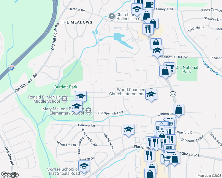 map of restaurants, bars, coffee shops, grocery stores, and more near 2680 Picardy Circle South in College Park