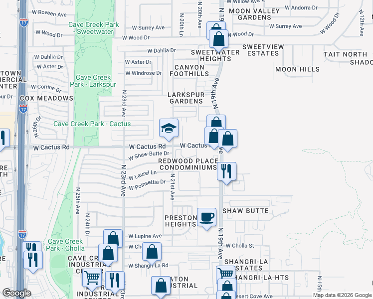 map of restaurants, bars, coffee shops, grocery stores, and more near 2015 West Cactus Road in Phoenix