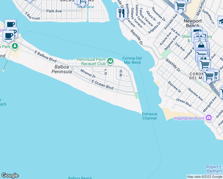 map of restaurants, bars, coffee shops, grocery stores, and more near 2037 East Ocean Boulevard in Newport Beach