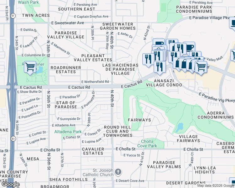 map of restaurants, bars, coffee shops, grocery stores, and more near 12009 North 40th Way in Phoenix