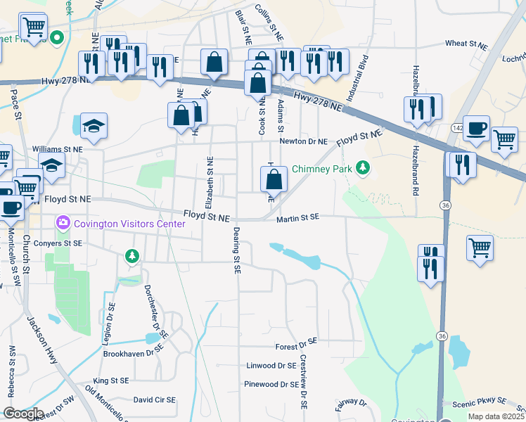 map of restaurants, bars, coffee shops, grocery stores, and more near 5143 Floyd Street Northeast in Covington