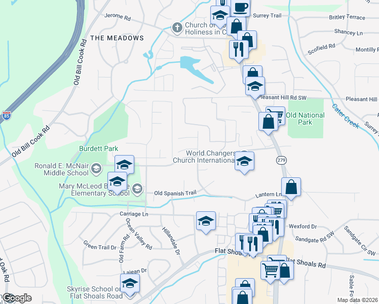 map of restaurants, bars, coffee shops, grocery stores, and more near 2570 Picardy Circle North in College Park