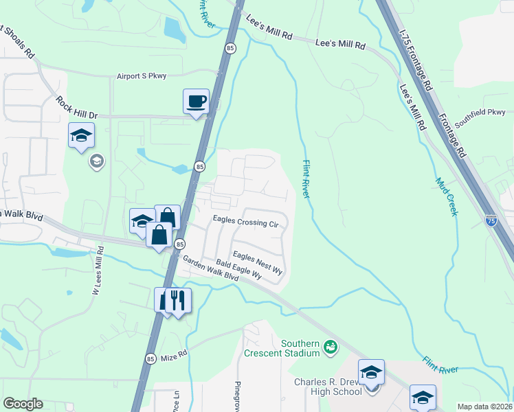 map of restaurants, bars, coffee shops, grocery stores, and more near 5805 Eagles Feather Lane in Riverdale