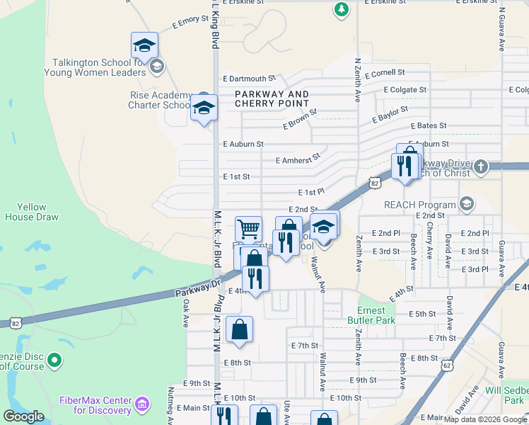 map of restaurants, bars, coffee shops, grocery stores, and more near 1802 East 1st Place in Lubbock