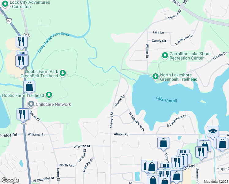 map of restaurants, bars, coffee shops, grocery stores, and more near 816 Stewart Street in Carrollton