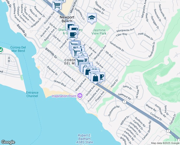 map of restaurants, bars, coffee shops, grocery stores, and more near 413 Marigold Avenue in Newport Beach