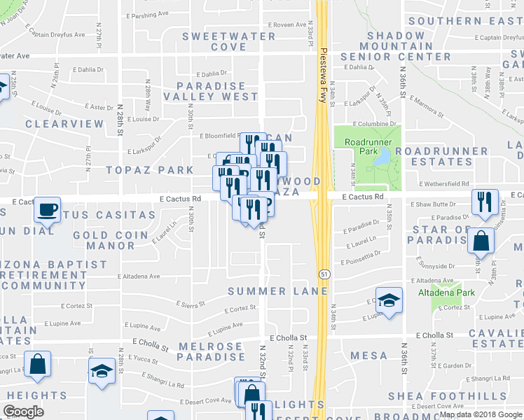 map of restaurants, bars, coffee shops, grocery stores, and more near 12046 North 32nd Street in Phoenix