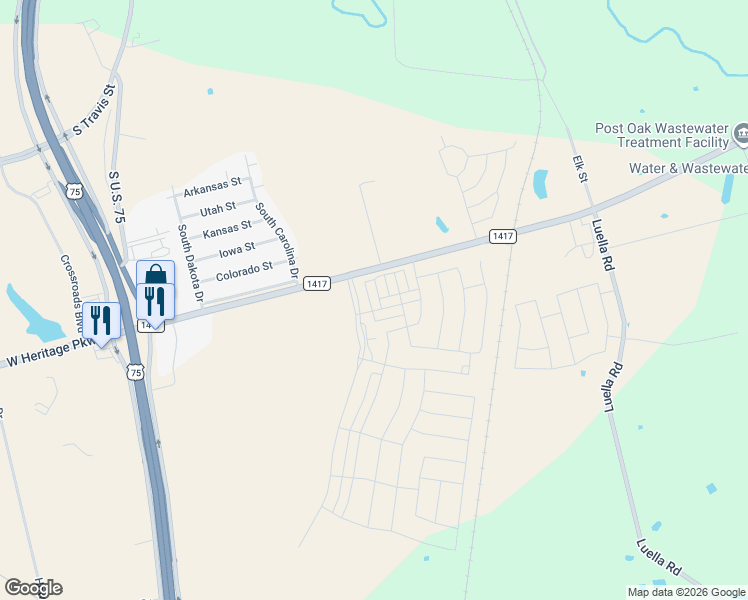 map of restaurants, bars, coffee shops, grocery stores, and more near 1001 Farm to Market Road 1417 in Sherman