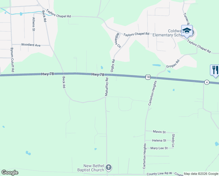 map of restaurants, bars, coffee shops, grocery stores, and more near 109 Mahaffey Road in Oxford