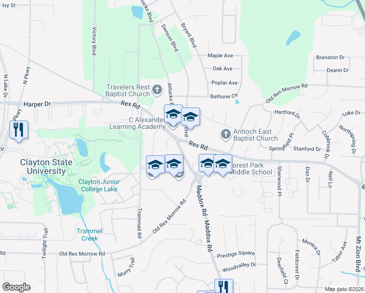 map of restaurants, bars, coffee shops, grocery stores, and more near 5754 Attucks Boulevard in Morrow