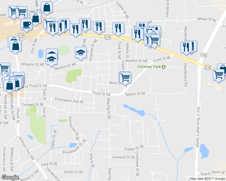 map of restaurants, bars, coffee shops, grocery stores, and more near 5115 Floyd Street Northeast in Covington