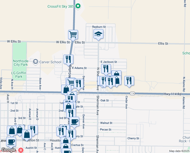 map of restaurants, bars, coffee shops, grocery stores, and more near 308 North Sherman Avenue in Levelland