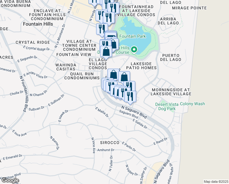 map of restaurants, bars, coffee shops, grocery stores, and more near 16913 East Enterprise Drive in Fountain Hills