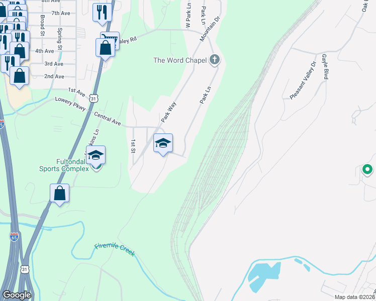 map of restaurants, bars, coffee shops, grocery stores, and more near 512 Park Lane in Fultondale