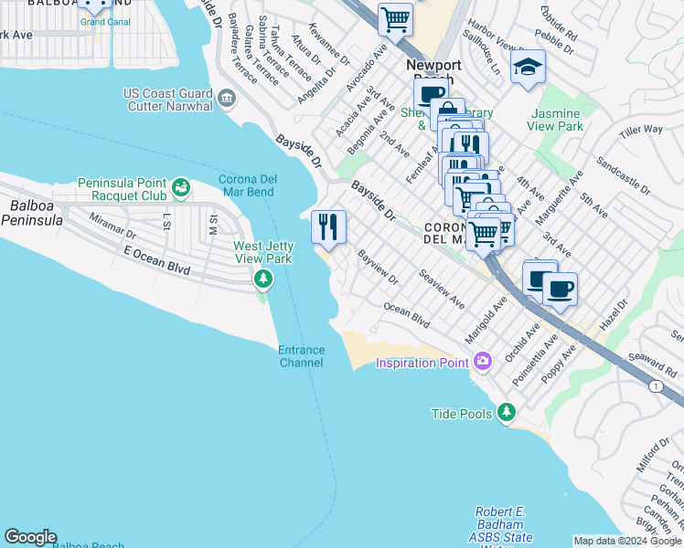 map of restaurants, bars, coffee shops, grocery stores, and more near 2709 Cove Street in Newport Beach