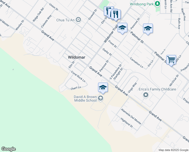 map of restaurants, bars, coffee shops, grocery stores, and more near 21597 Grand Avenue in Wildomar