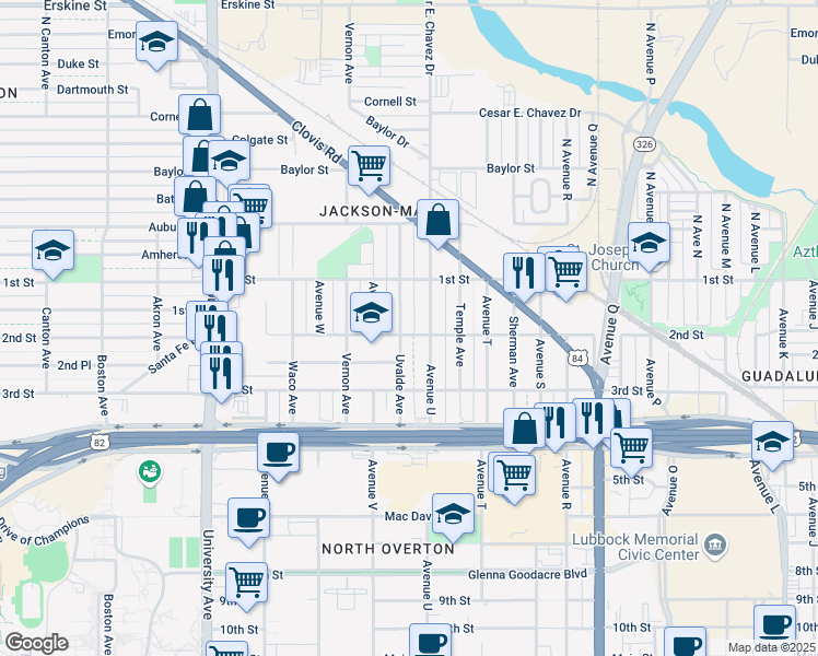map of restaurants, bars, coffee shops, grocery stores, and more near 112 Avenue U in Lubbock