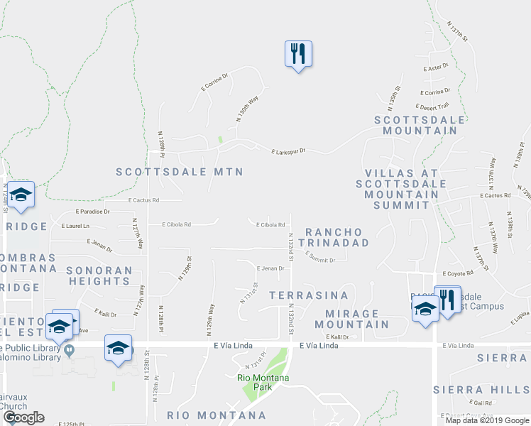 map of restaurants, bars, coffee shops, grocery stores, and more near 13046 East Cibola Road in Scottsdale
