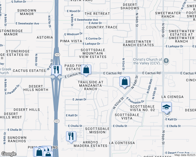 map of restaurants, bars, coffee shops, grocery stores, and more near 9080 East Cactus Road in Scottsdale
