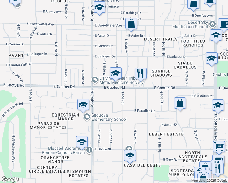 map of restaurants, bars, coffee shops, grocery stores, and more near 100 North 65th Place in Scottsdale