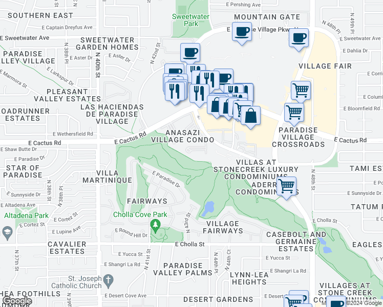 map of restaurants, bars, coffee shops, grocery stores, and more near 12212 North Paradise Village Parkway West in Phoenix