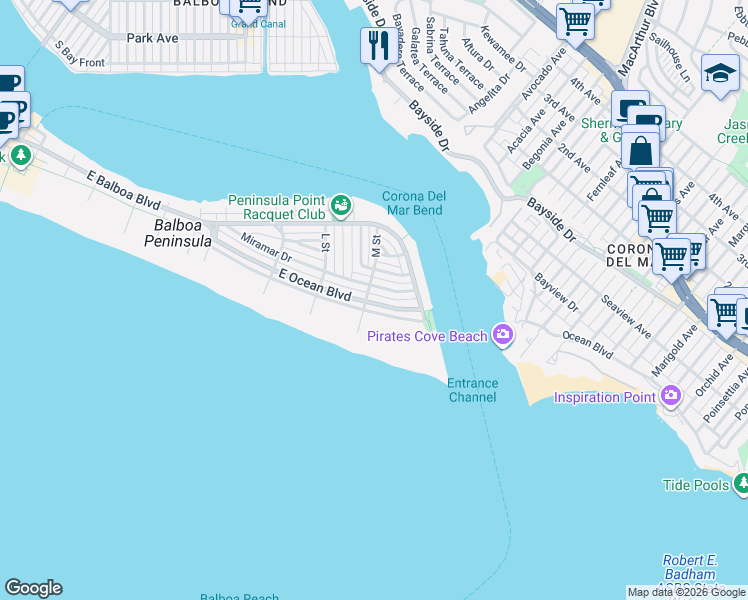 map of restaurants, bars, coffee shops, grocery stores, and more near 2026 Miramar Drive in Newport Beach