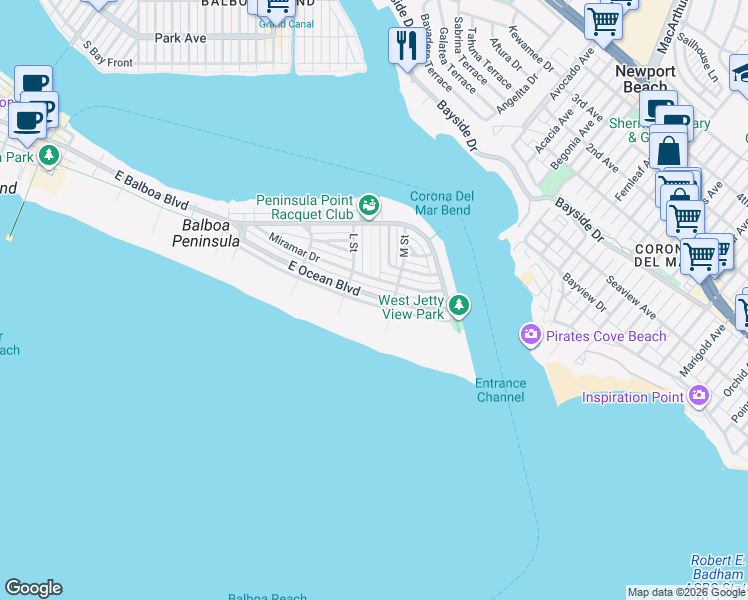 map of restaurants, bars, coffee shops, grocery stores, and more near 2037 East Ocean Boulevard in Newport Beach