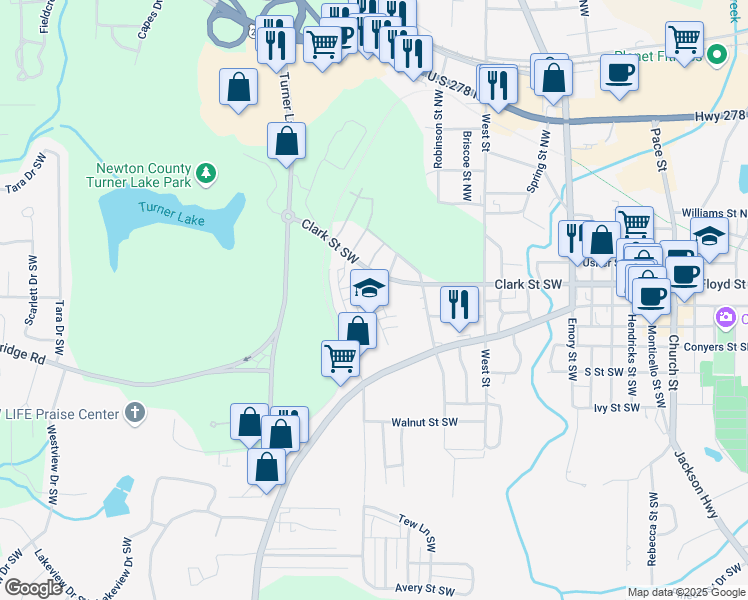 map of restaurants, bars, coffee shops, grocery stores, and more near 4124 Hunt Street in Covington