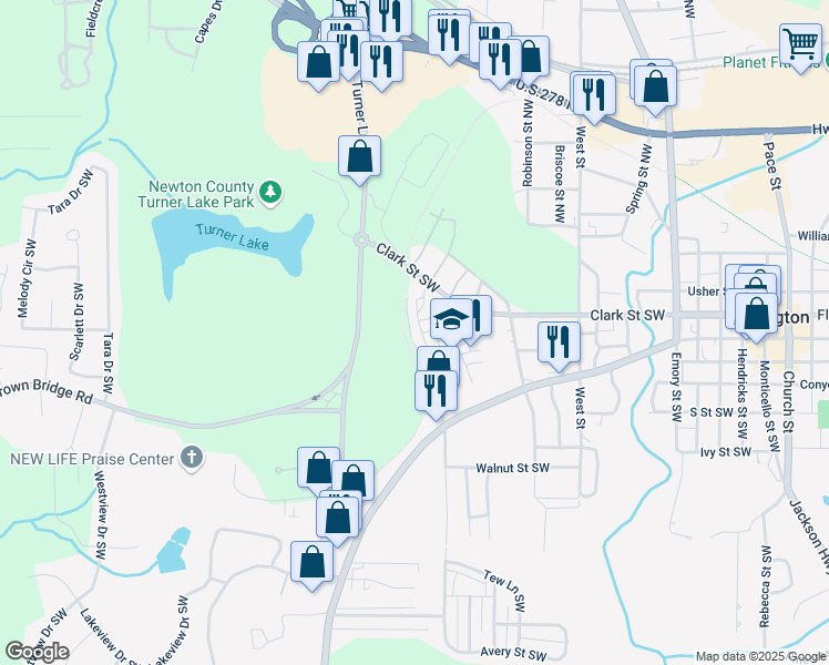 map of restaurants, bars, coffee shops, grocery stores, and more near 5160 Pratt Street Southwest in Covington