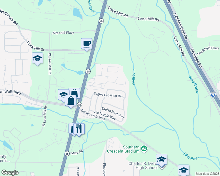 map of restaurants, bars, coffee shops, grocery stores, and more near 5793 Eagles Feather Lane in Riverdale