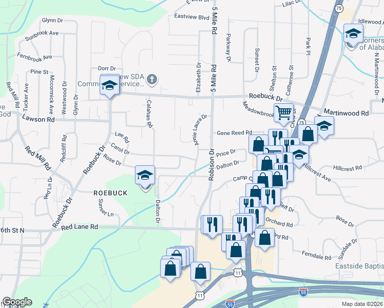 map of restaurants, bars, coffee shops, grocery stores, and more near 605 Annie Laura Drive in Birmingham