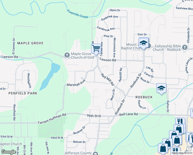 map of restaurants, bars, coffee shops, grocery stores, and more near 9840 Red Mill Road in Birmingham