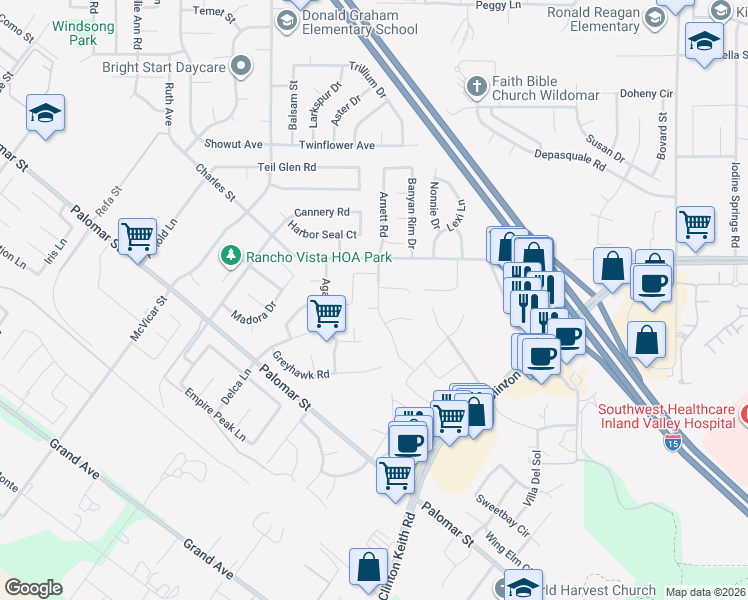 map of restaurants, bars, coffee shops, grocery stores, and more near 23340 Rhinestone Court in Wildomar