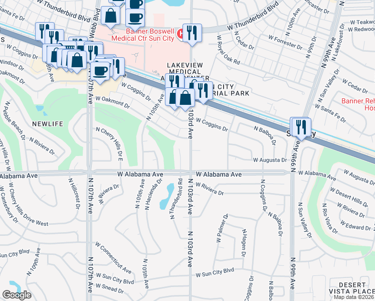 map of restaurants, bars, coffee shops, grocery stores, and more near 10303 West Oakmont Drive in Sun City