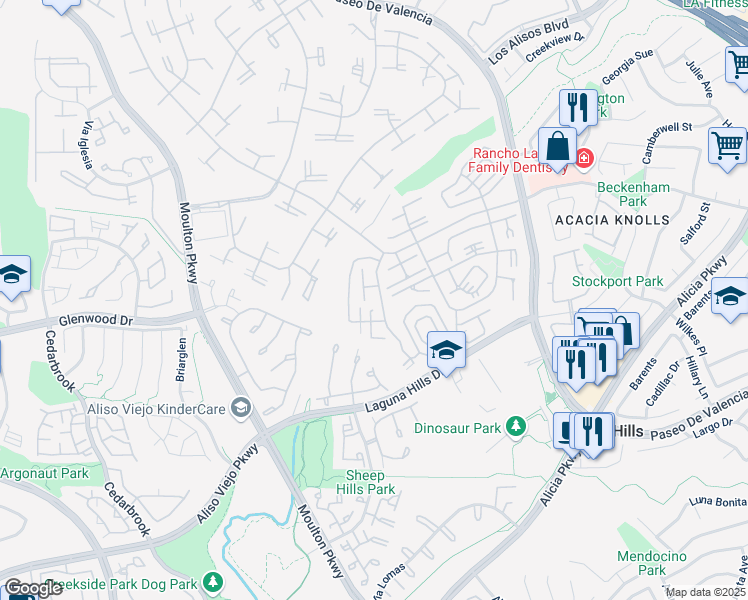 map of restaurants, bars, coffee shops, grocery stores, and more near 872 Avenida Sevilla in Laguna Woods