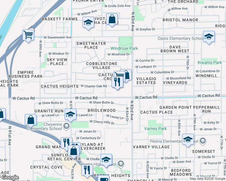 map of restaurants, bars, coffee shops, grocery stores, and more near 8432 West Charter Oak Road in Peoria