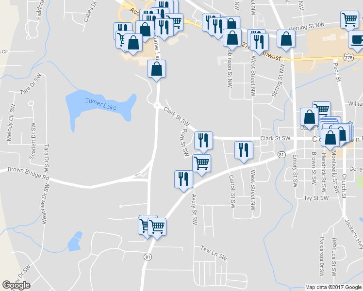 map of restaurants, bars, coffee shops, grocery stores, and more near 5160 Pratt Street Southwest in Covington