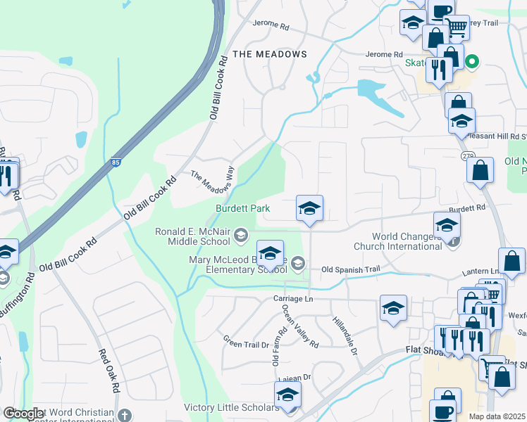 map of restaurants, bars, coffee shops, grocery stores, and more near 5830 Burdett Ridge Drive in Atlanta