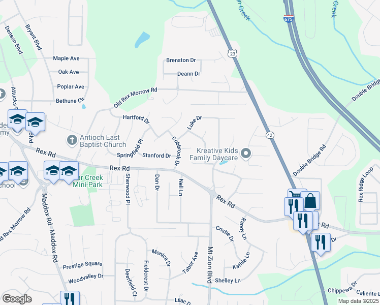 map of restaurants, bars, coffee shops, grocery stores, and more near 2637 Sol Court in Ellenwood