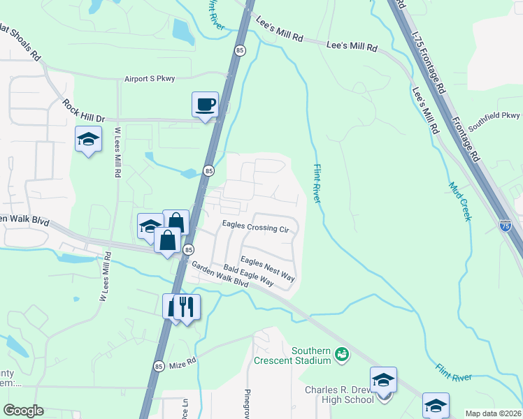 map of restaurants, bars, coffee shops, grocery stores, and more near 5793 Eagles Feather Lane in Riverdale