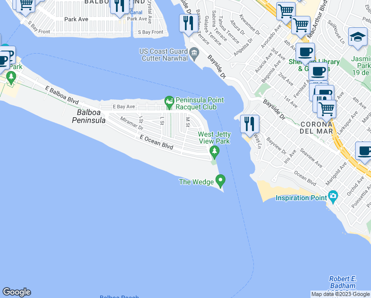 map of restaurants, bars, coffee shops, grocery stores, and more near 2104 East Ocean Boulevard in Newport Beach