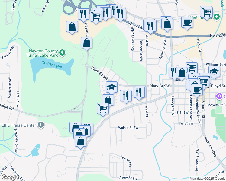 map of restaurants, bars, coffee shops, grocery stores, and more near 4124 Hunt Street in Covington