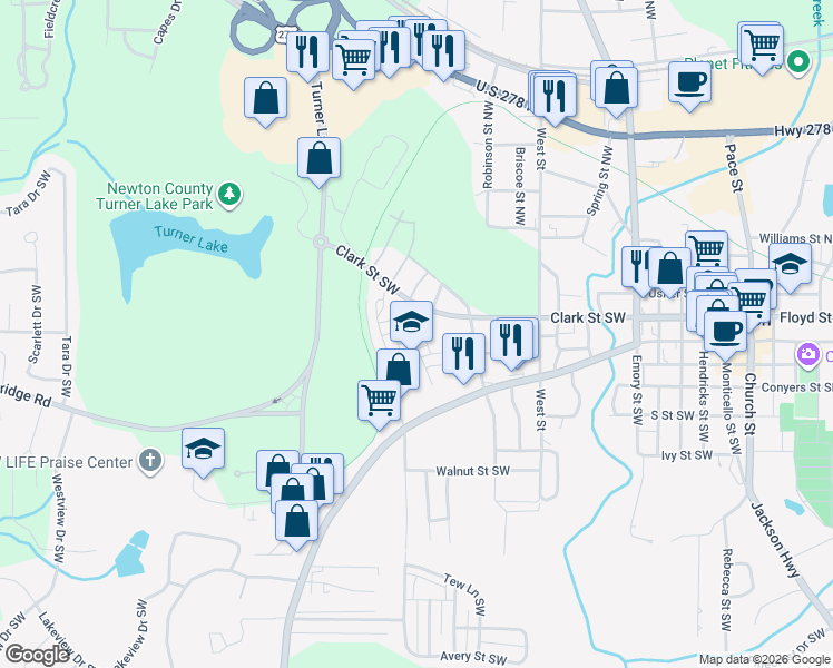 map of restaurants, bars, coffee shops, grocery stores, and more near 5105 Swann Street in Covington