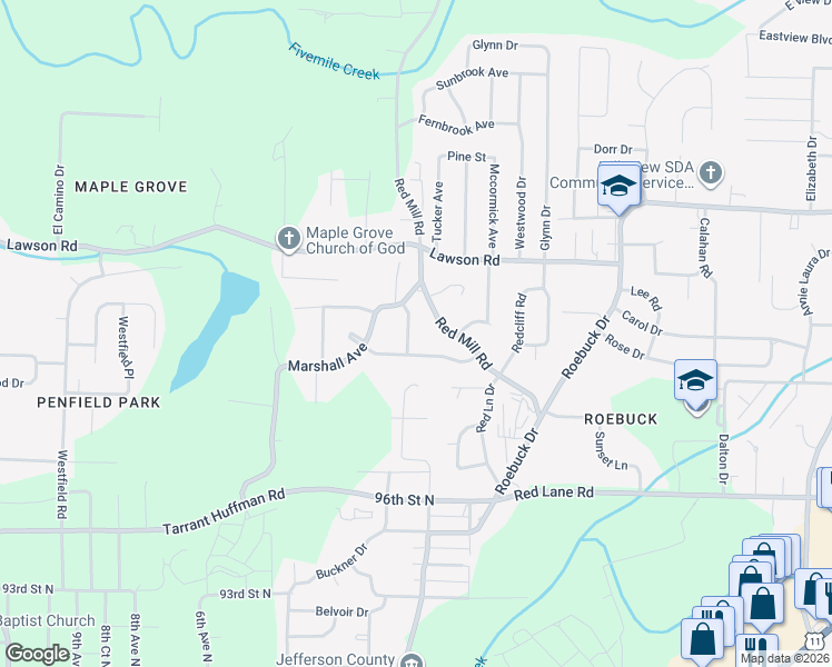 map of restaurants, bars, coffee shops, grocery stores, and more near 9840 Red Mill Road in Birmingham