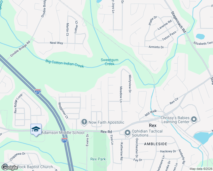 map of restaurants, bars, coffee shops, grocery stores, and more near 5795 Meadowview Road in Rex
