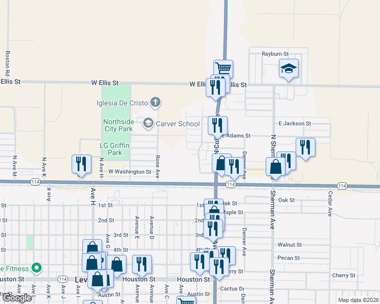 map of restaurants, bars, coffee shops, grocery stores, and more near 200-204 West Monroe Street in Levelland