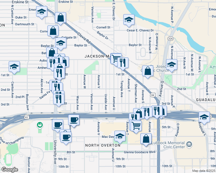 map of restaurants, bars, coffee shops, grocery stores, and more near 112 Avenue U in Lubbock