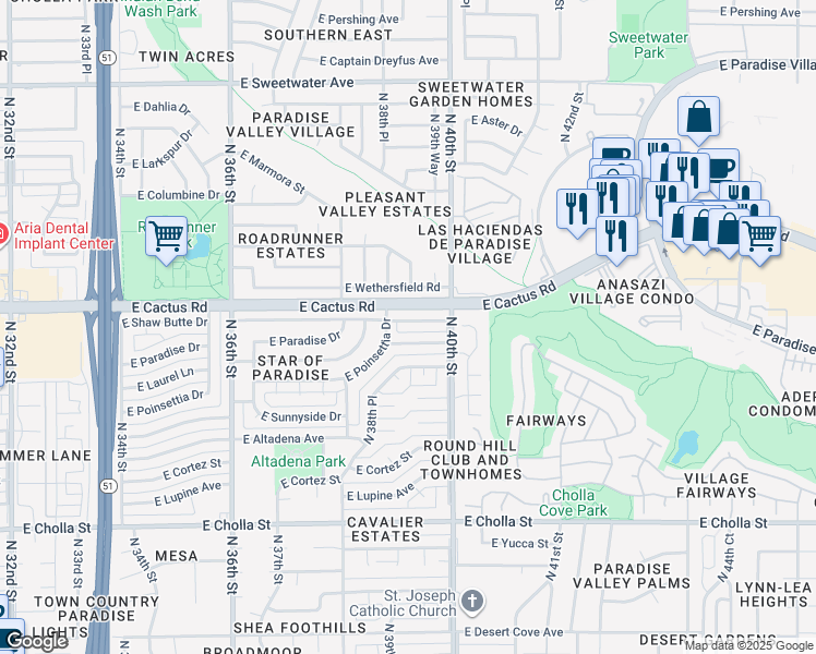 map of restaurants, bars, coffee shops, grocery stores, and more near 3920 East Shaw Butte Drive in Phoenix